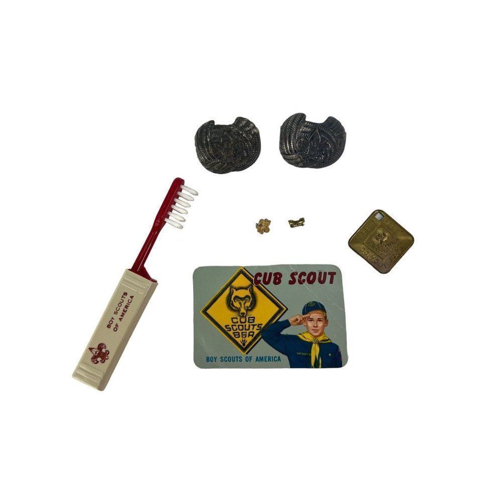 Vtg Boy Scout Cub Scout Lot Tooth Brush Kerchief Slides Pins Id Card